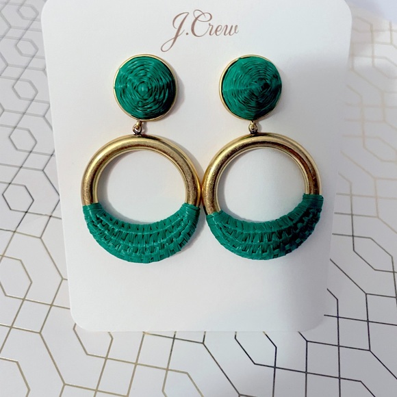 JCREW Faux- Raffia Wrapped Hoop Earrings NWT Summer Green - Picture 3 of 8